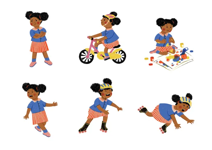 Young girl in striped skirt playing, biking, painting, and skating