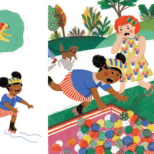 Children and grandma playing with dog and colorful balls outdoors