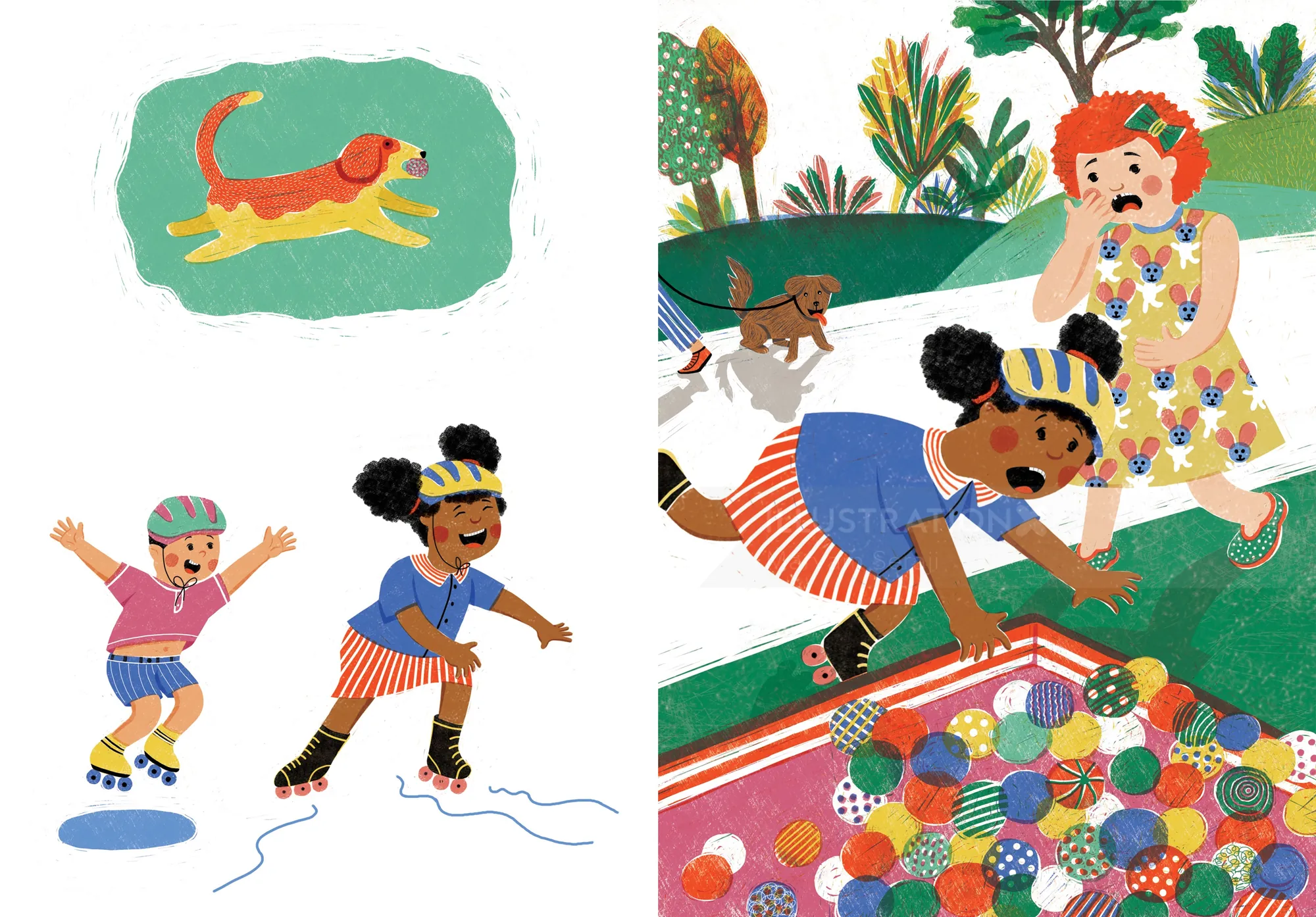 Children and grandma playing with dog and colorful balls outdoors