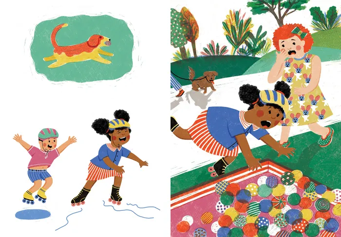 Children and grandma playing with dog and colorful balls outdoors