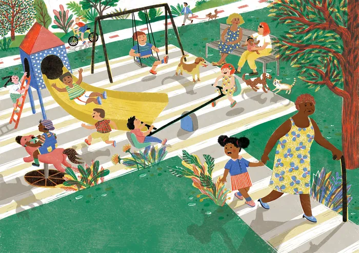 Grandma and child walking past playground with kids playing