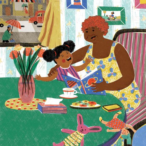 Grandma reading a book to a smiling child in cozy living room