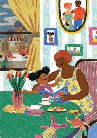 Grandma reading a book to a smiling child in cozy living room