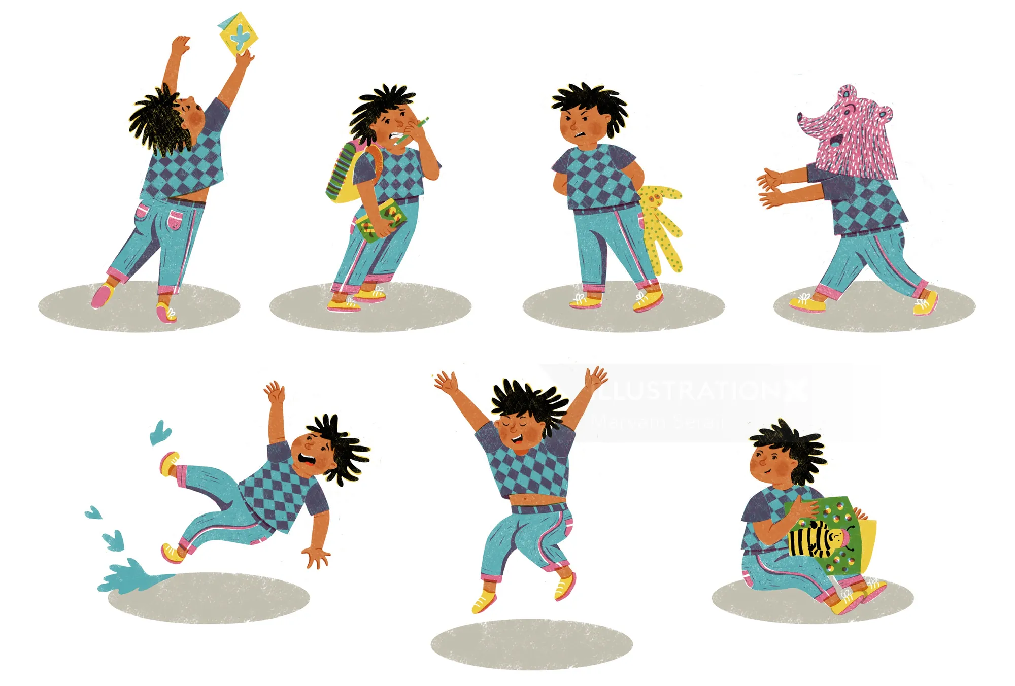 Children in blue plaid outfits playing and dancing with teddy bear