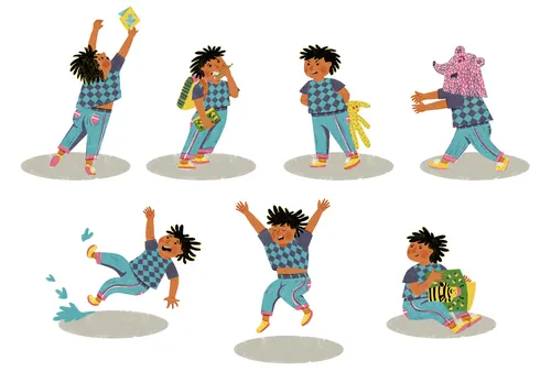 Children in blue plaid outfits playing and dancing with teddy bear