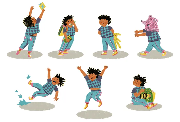 Children in blue plaid outfits playing and dancing with teddy bear