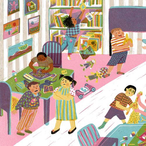 Children playing and reading in a colorful library room