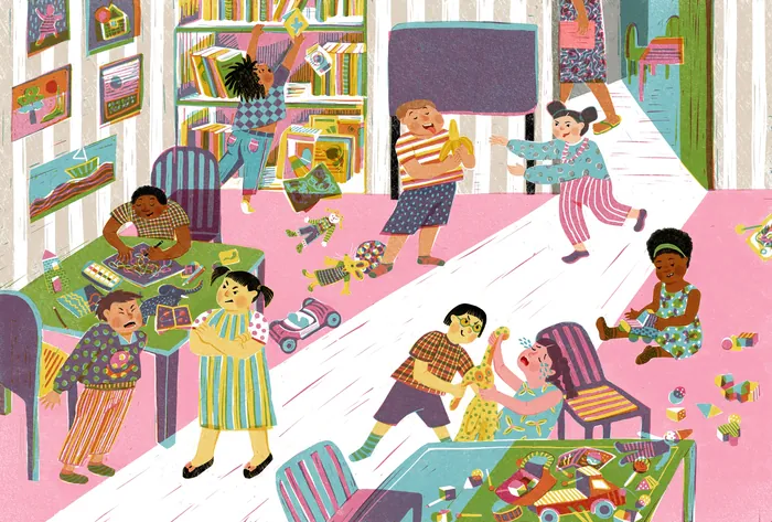 Children playing and reading in a colorful library room