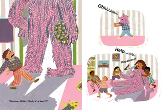 Pink furry bear interacting playfully with children indoors