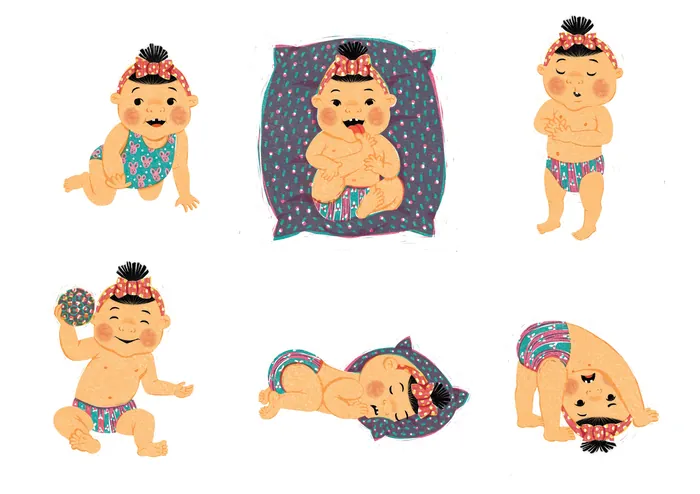 Illustrations of a baby in various playful poses wearing a diaper and headband