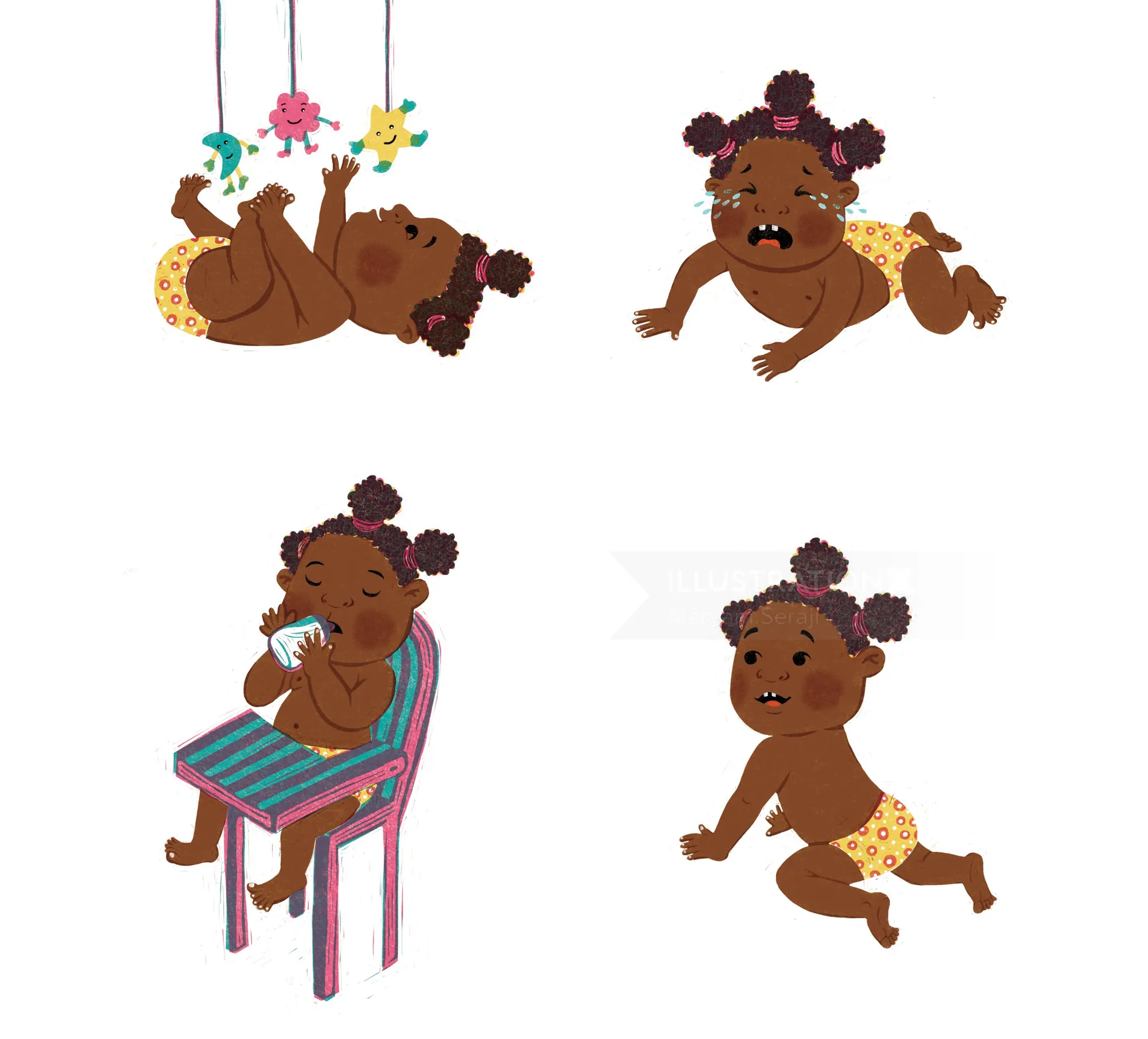 Cute baby girl in yellow diaper playing and eating in various poses