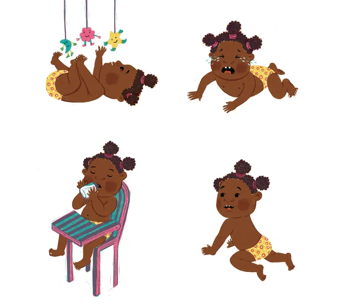 Cute baby girl in yellow diaper playing and eating in various poses