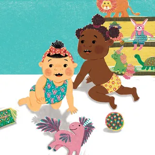 Two babies playing with toys on the floor near a shelf