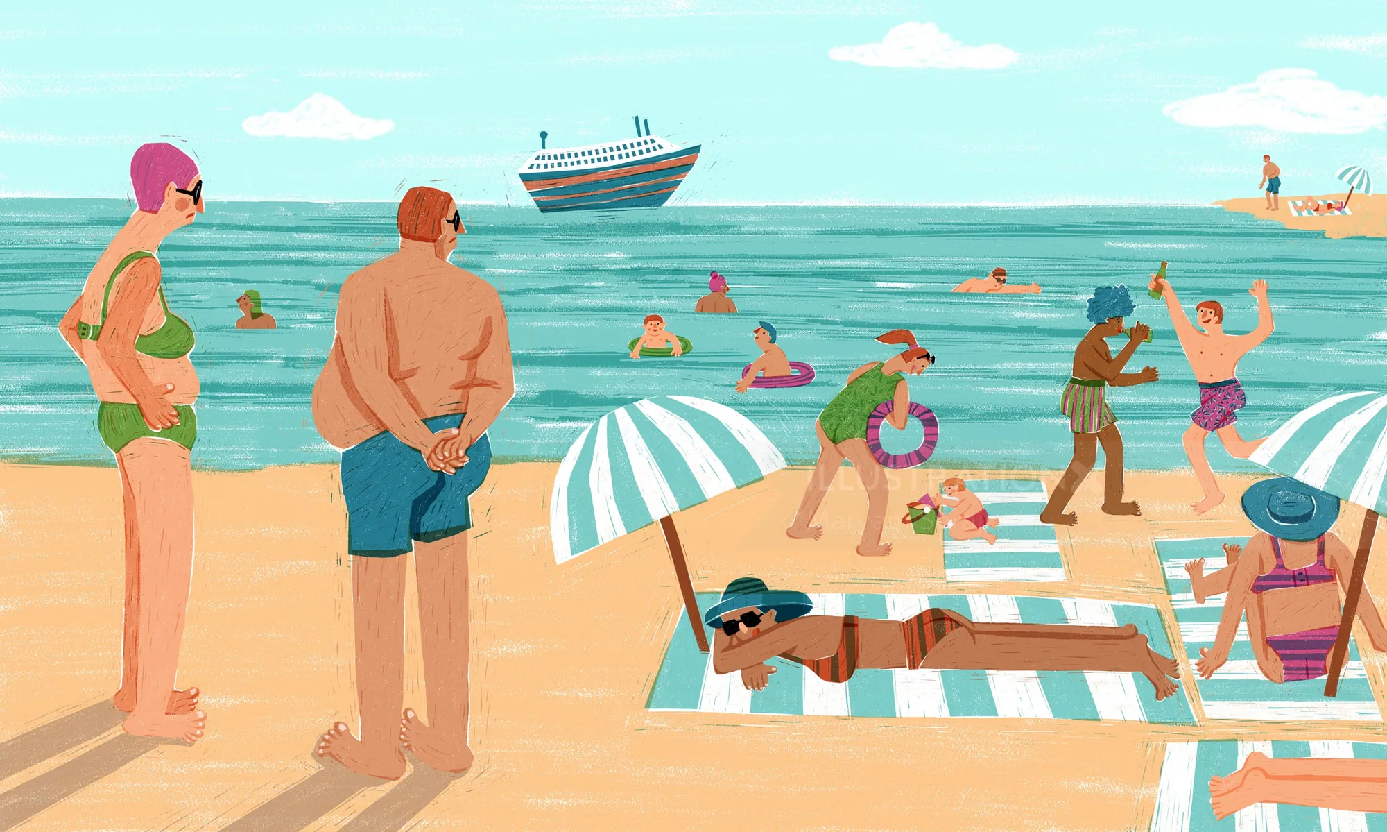 Beach scene with people sunbathing, swimming, and a ship on the horizon