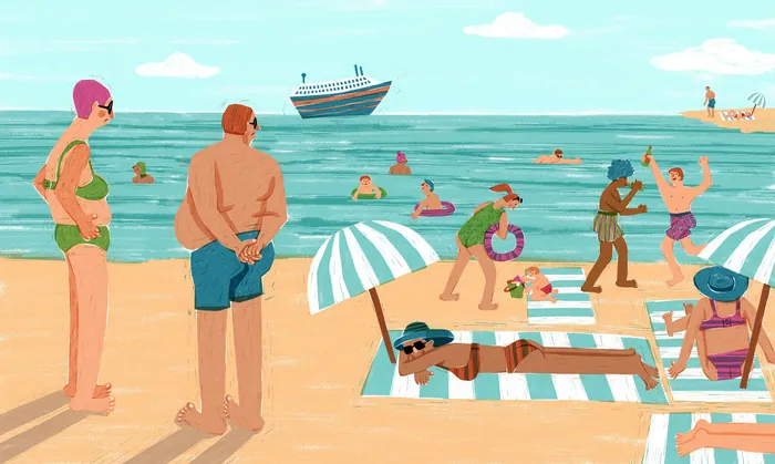 Beach scene with people sunbathing, swimming, and a ship on the horizon