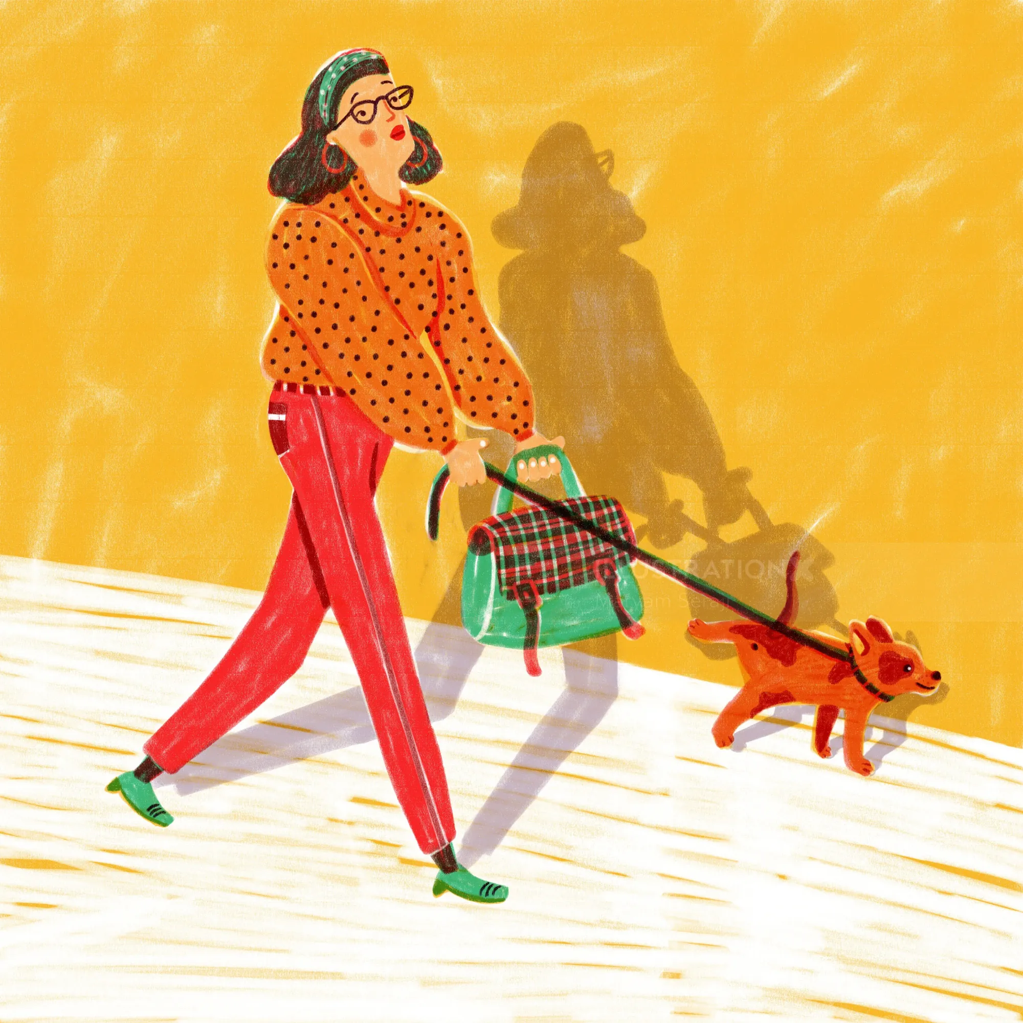 Woman in polka dot shirt walking a small dog with leash