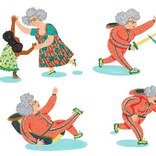 Elderly woman playfully interacting with young children in various activities