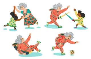 Elderly woman playfully interacting with young children in various activities