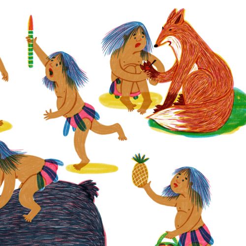 Illustrations of a boy with blue hair interacting with animals and holding objects