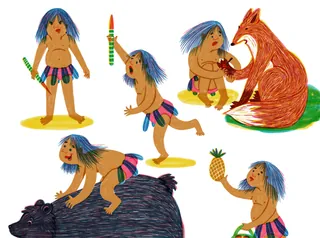 Illustrations of a boy with blue hair interacting with animals and holding objects