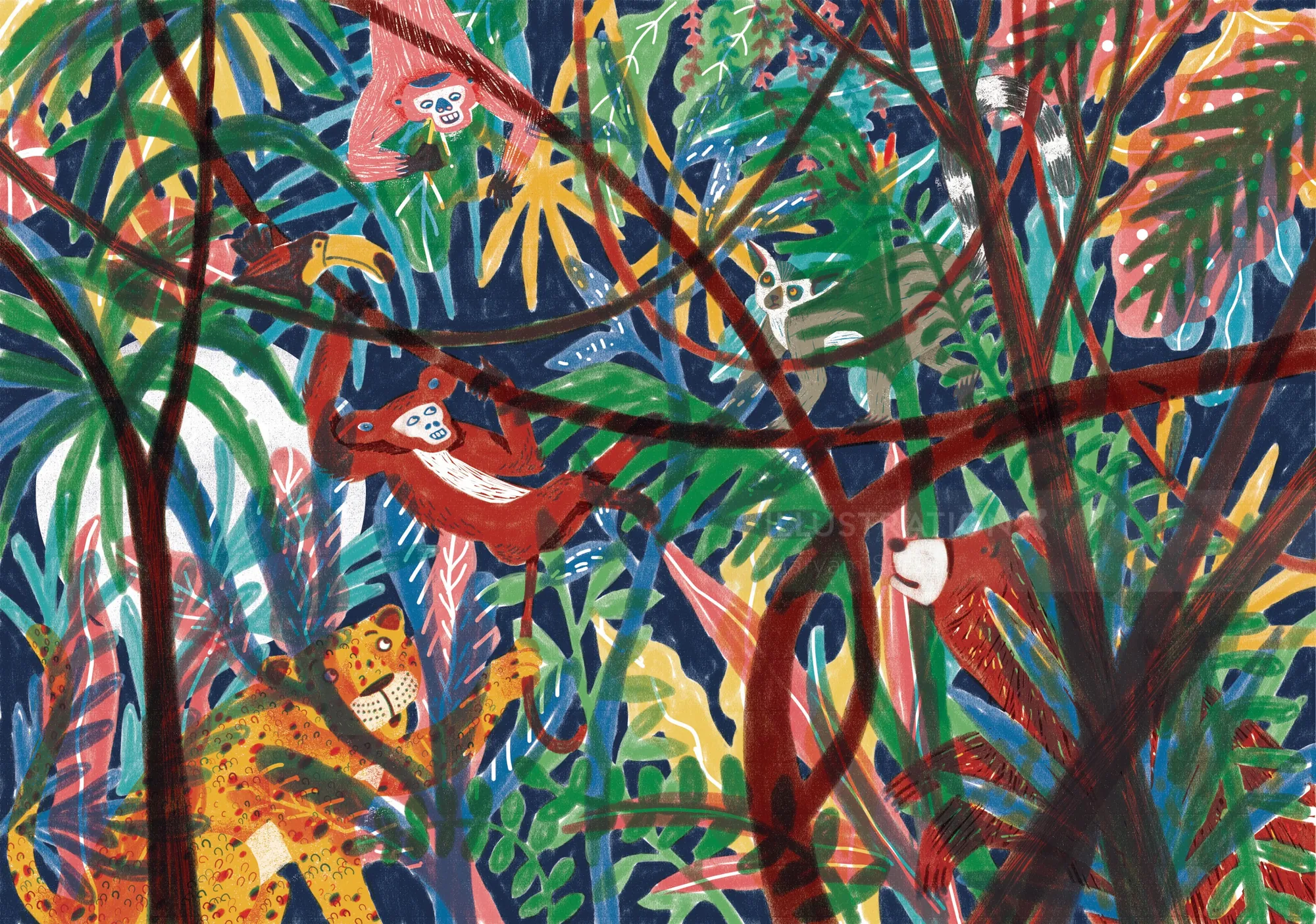 Colorful rainforest with lemurs and a jaguar among dense foliage
