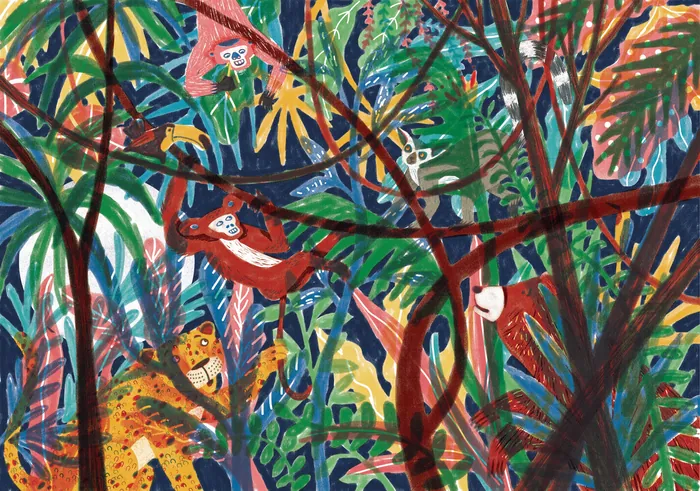Colorful rainforest with lemurs and a jaguar among dense foliage