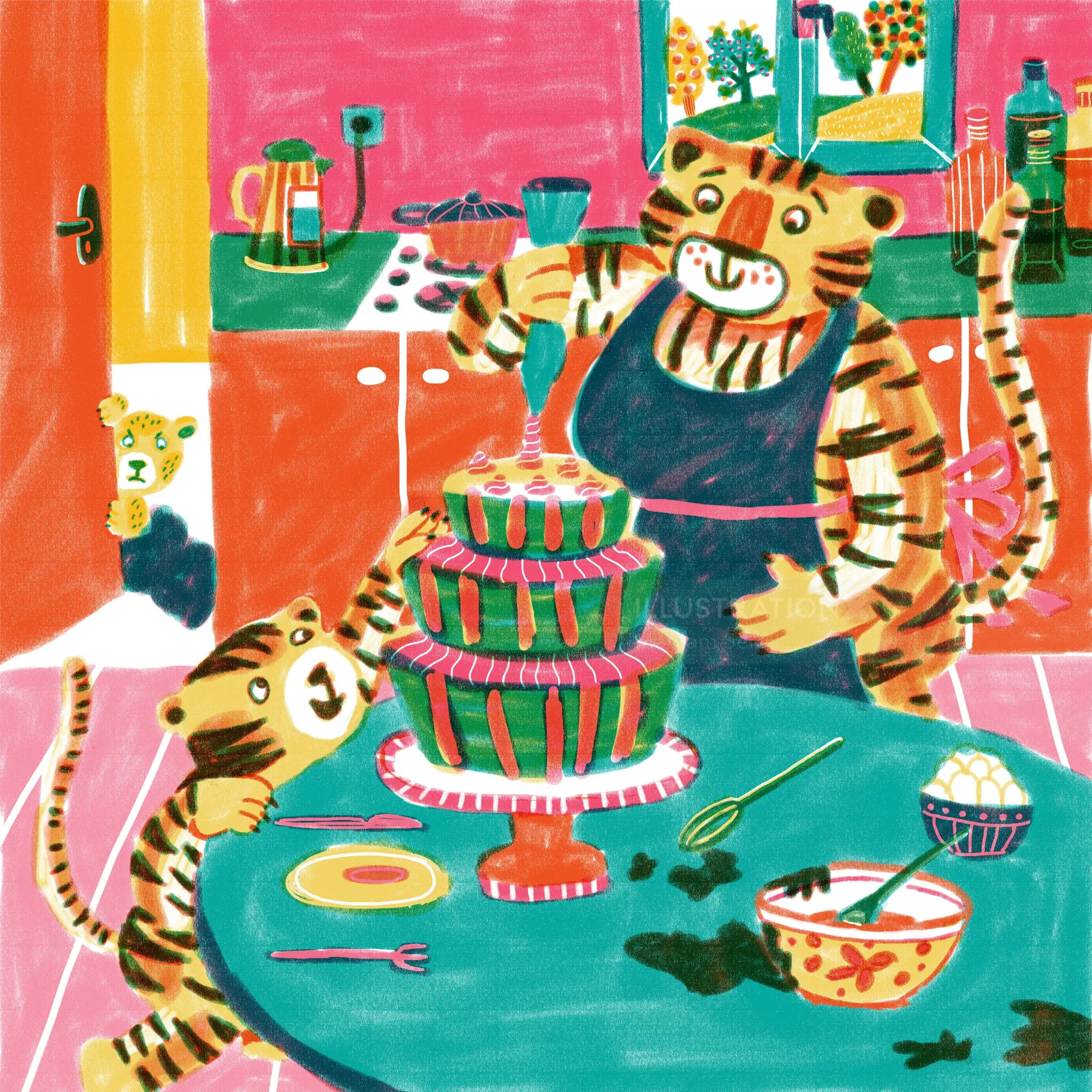Two tigers baking a layered cake in a bright kitchen with utensils.