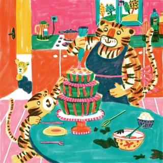Two tigers baking a layered cake in a bright kitchen with utensils.