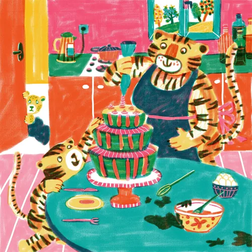 Two tigers baking a layered cake in a bright kitchen with utensils.