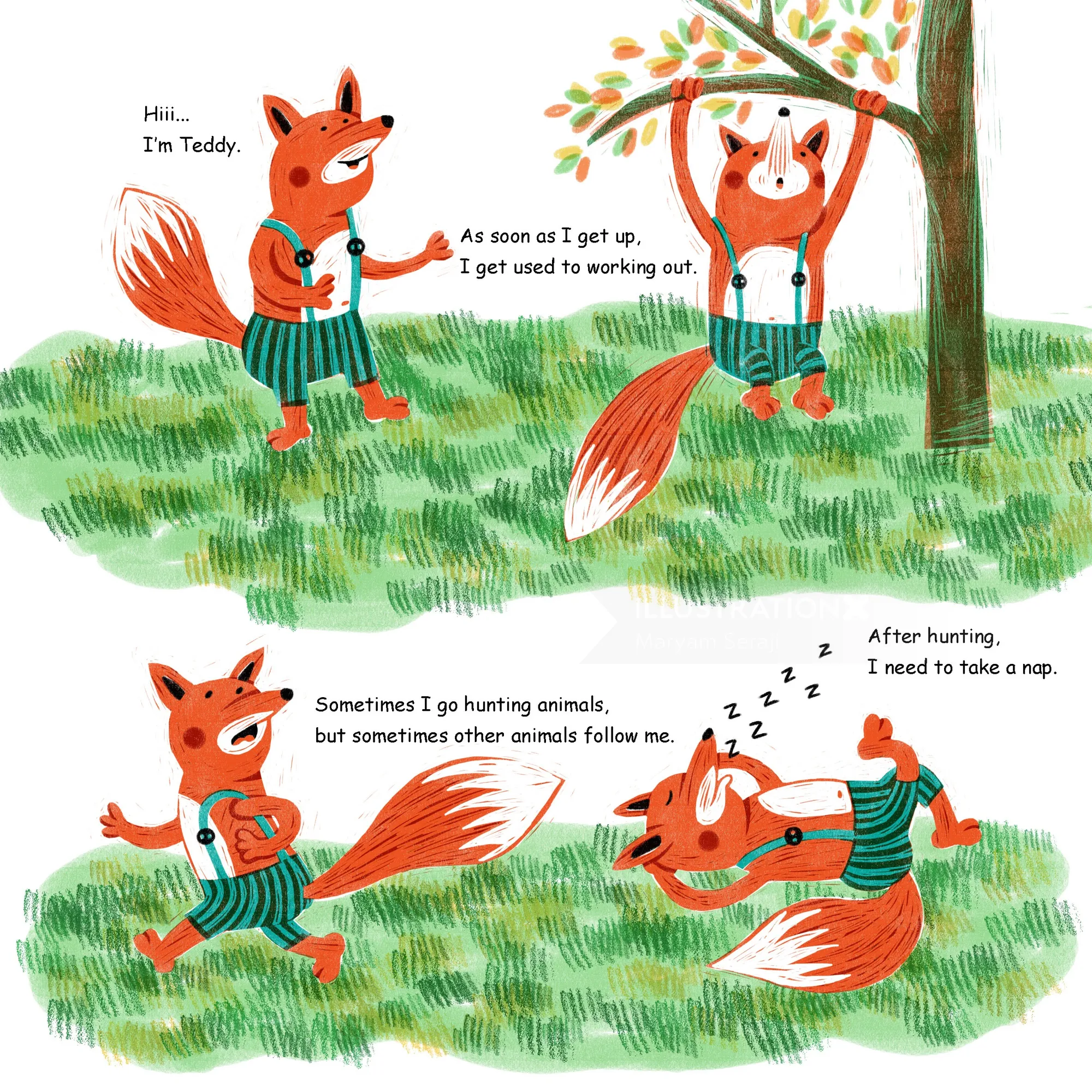 Two foxes in striped clothes talking and resting on grass near a tree