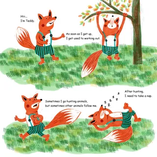 Two foxes in striped clothes talking and resting on grass near a tree