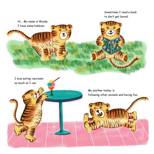 Illustration of a playful tiger cub named Woody with hobbies like reading and ice cream.