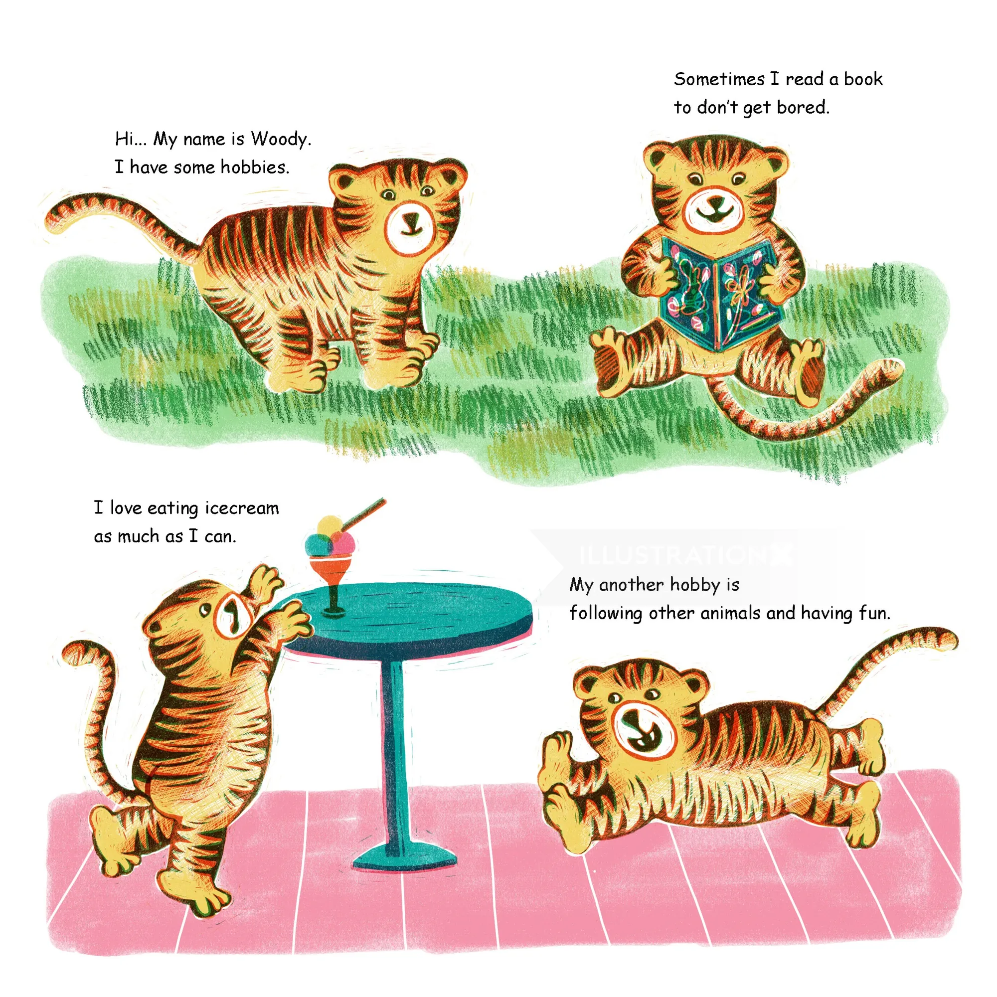 Tiger cub Woody having fun reading and eating ice cream
