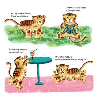 Illustration of a playful tiger cub named Woody with hobbies like reading and ice cream.