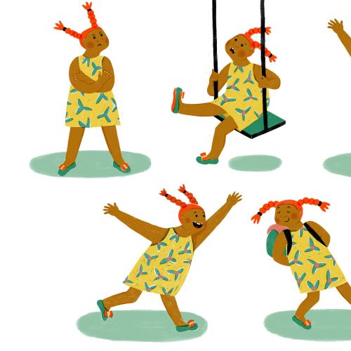 Five poses of a girl with red pigtails in a yellow dress playing