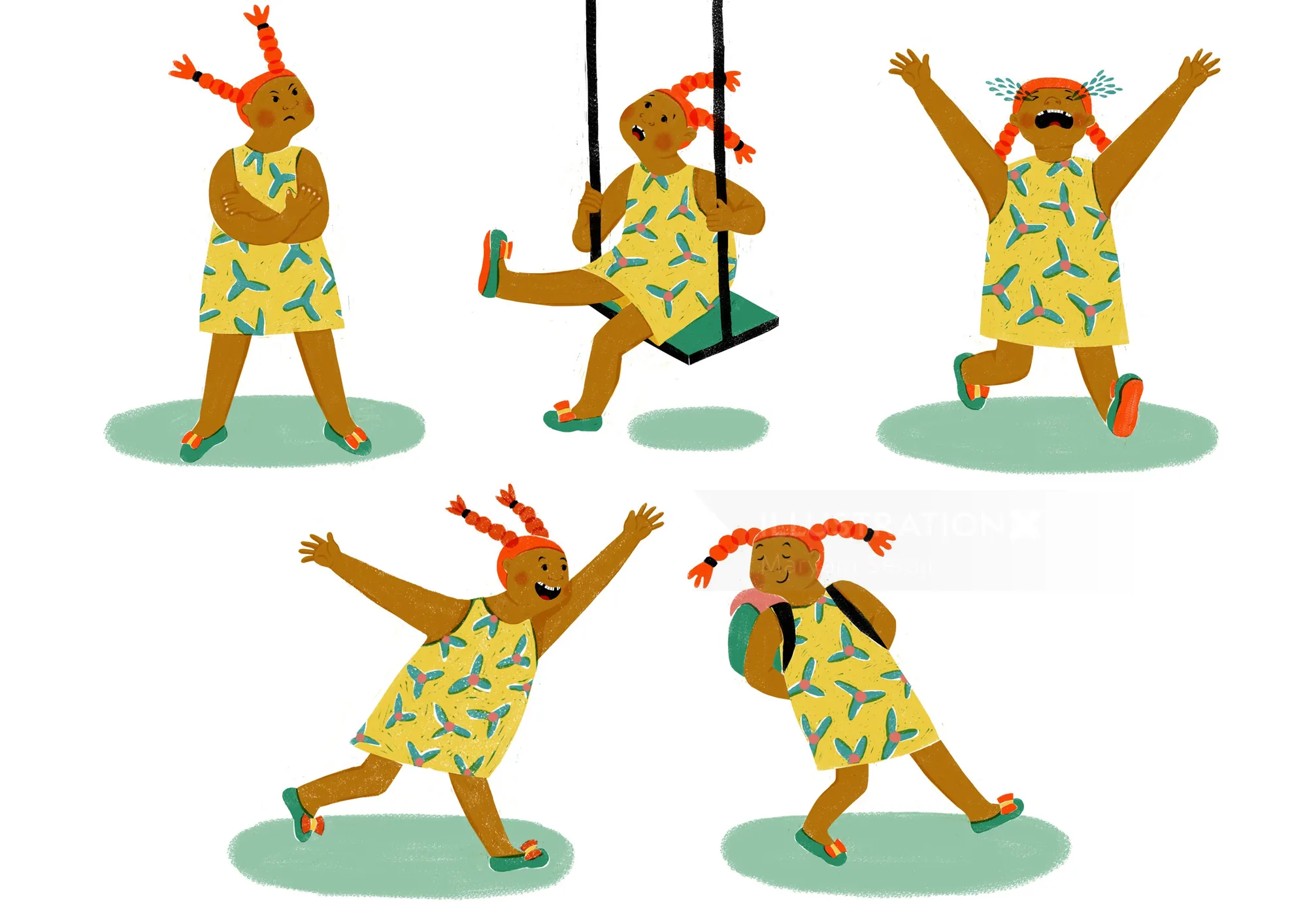 Five poses of a girl with red pigtails in a yellow dress playing