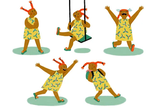 Five poses of a girl with red pigtails in a yellow dress playing