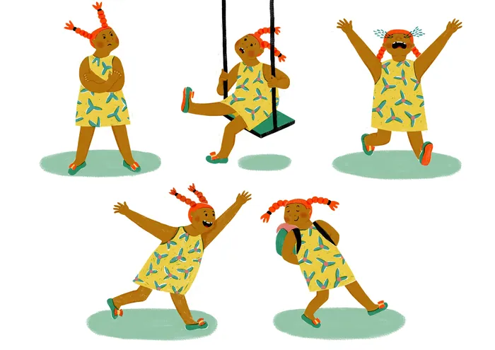 Five poses of a girl with red pigtails in a yellow dress playing