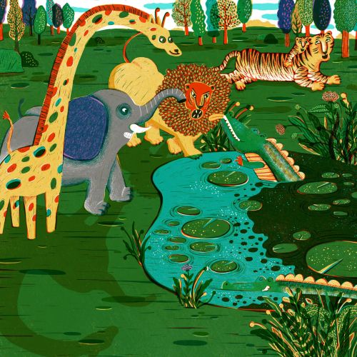 Illustration of giraffe, elephant, lion, tiger, and crocodile by pond