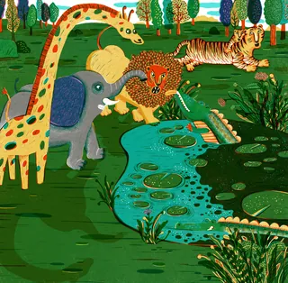Illustration of giraffe, elephant, lion, tiger, and crocodile by pond