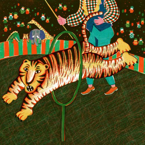 Tiger leaping through hoop in circus with animals watching