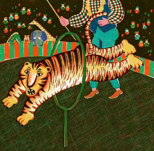 Tiger jumping through hoop in vintage circus artwork