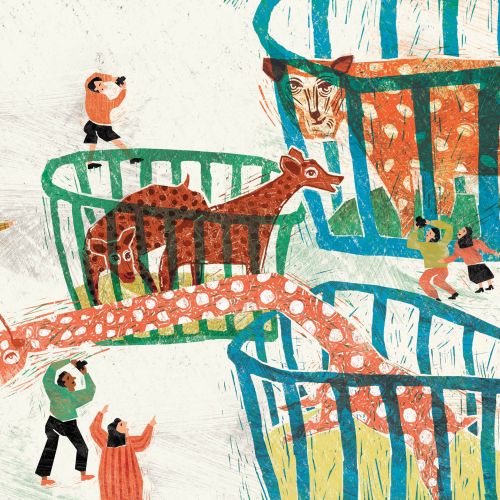 People standing near large animal cages with a giraffe and other animals inside.