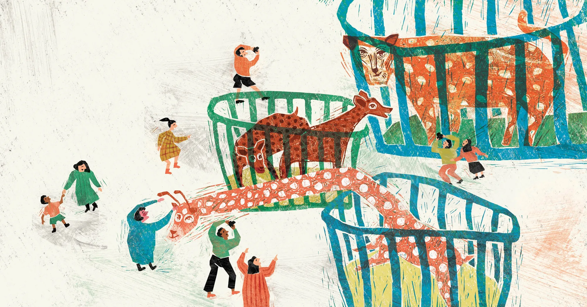 People standing near large animal cages with a giraffe and other animals inside.