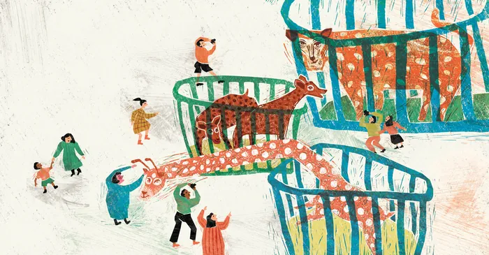 People standing near large animal cages with a giraffe and other animals inside.