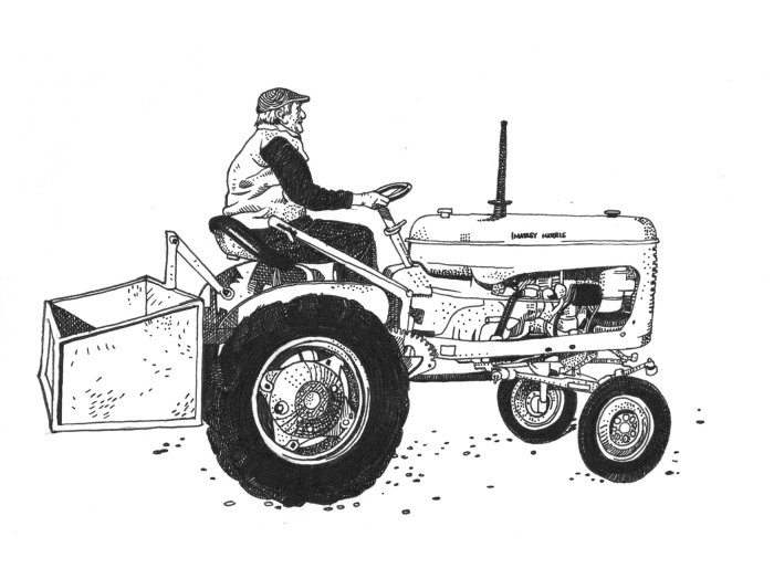 Homme noir et blanc avec tracteur