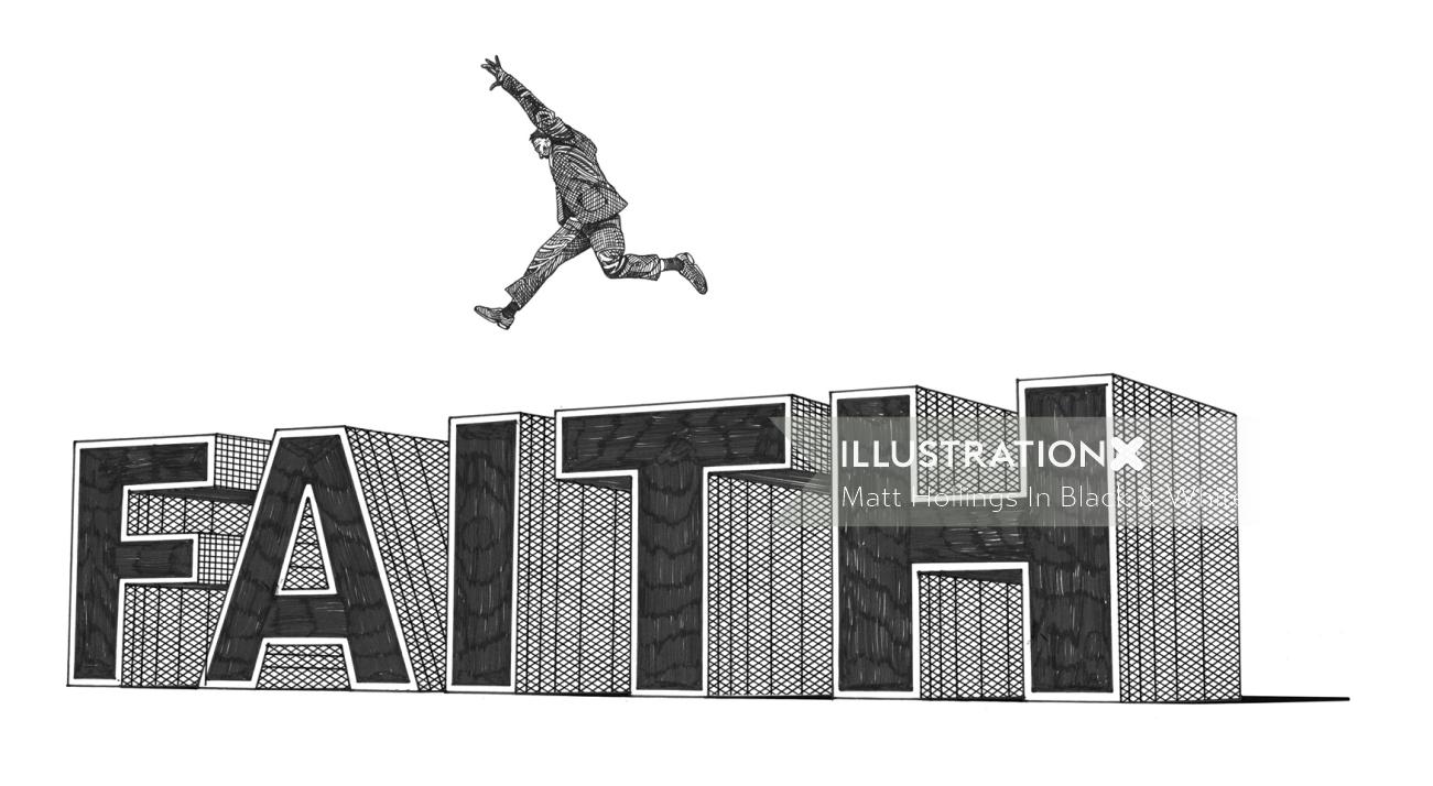 Black and White Man jumping on letters
