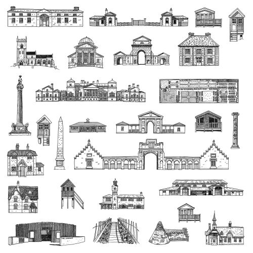 Black and white architectural drawings of historic prison buildings by Matt Hollings
