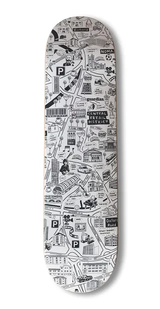 Black and white illustrated skateboard deck by Matt Hollings