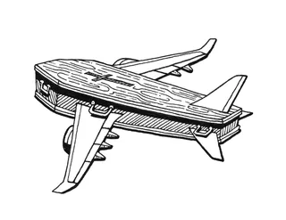 Black and white illustration of an airplane with wooden body by Matt Hollings